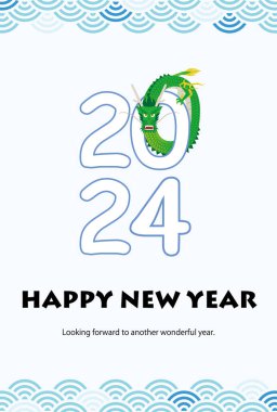2024 'te sarmalanmış bir ejderhanın yeni yıl kartı çizimi, üzerinde ve altında bantlı bir dalga deseni var..
