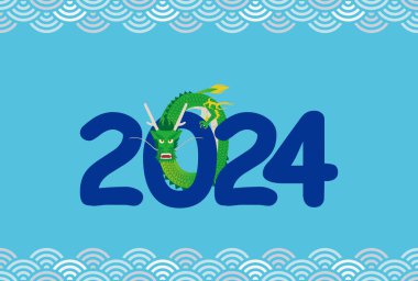 2024 'te sarmalanmış bir ejderhanın yeni yıl kartı çizimi, yukarıda ve aşağıda bantlanmış bir dalga deseni ile. Japon karakterler: Bir başka harika yılı daha dört gözle bekliyor.