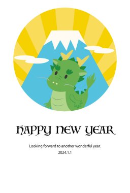 Bir ejderhanın yılbaşı kartı çizimi, Mt. Fuji, ve bir daire şeklinde kesilmiş güneş patlaması arkaplanı.