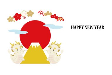 Yüzü ejderhaya dönük yeni yıl kartı, Fuji Dağı, ve çam, bambu ve erik..