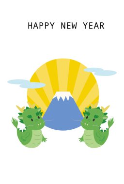 Ejderhalarla yüzleşen yeni yıl kartı, Fuji ve güneş patlaması arkaplanı daire şeklinde kesilmiş..