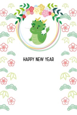 Ejderha, çelenk, çam, bambu ve erik çiçeği desenli yılbaşı resmi..