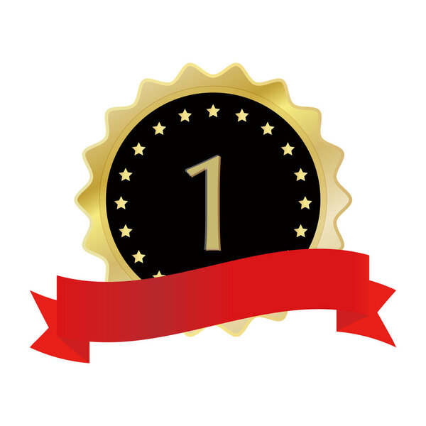 Icon illustration of a glittering gold medal with ribbon.
