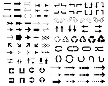 Ok simgesi ayarlandı. Çeşitli dizaynlarda oklar. Vektör illüstrasyonları.
