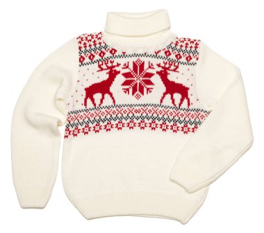 Children's warm Christmas turtleneck jumper (Ugly sweater) with nordic knitted ornament on white background