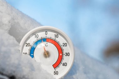 Thermometer with celsius scale in the snow showing minus 4 degree ambient temperature - winter weather concept