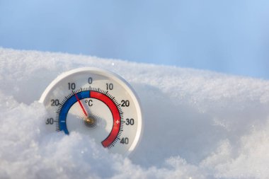 Thermometer with celsius scale in the snow showing minus 9 degree ambient temperature - winter weather concept