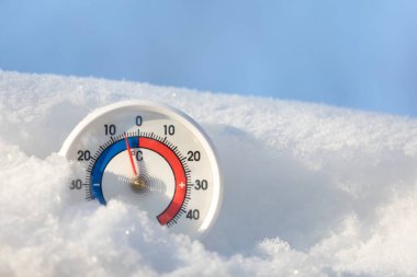 Thermometer with celsius scale in the snow showing minus 5 degree ambient temperature - winter weather concept