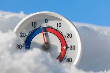 Thermometer with celsius scale in the snow showing minus 4 degree ambient temperature - winter weather concept