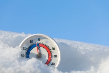 Thermometer with celsius scale in the snow showing minus 4 degree ambient temperature - winter weather concept