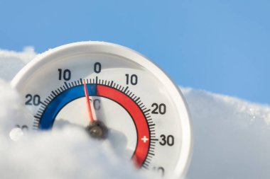 Thermometer with celsius scale in the snow showing minus 4 degree ambient temperature - winter weather concept