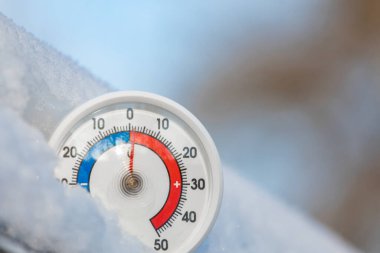 Thermometer with celsius scale in the snow showing plus 1 degree ambient temperature. Warm winter weather concept