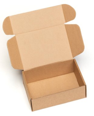 Open empty foldable corrugated postal box on white background