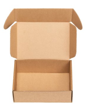 Open empty foldable corrugated postal box isolated on white background