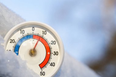 Thermometer with celsius scale in the snow showing plus 8 degree ambient temperature. Unusually high winter conditions. Warm winter weather and climate change concept