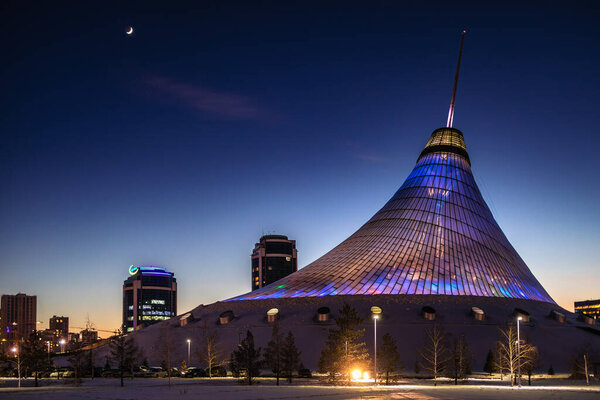 Astana, Kazakhstan - Jan 25, 2023: Illuminated transparent roof of
