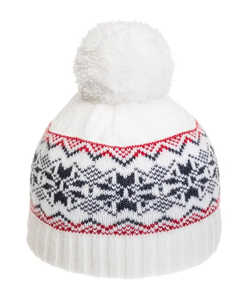 Λευκό Πλεκτό Χειμωνιάτικο Καπέλο Διακοσμημένο Σκανδιναβικό Γεωμετρικό Στολίδι Χειροποίητο Μάλλινο — Φωτογραφία Αρχείου