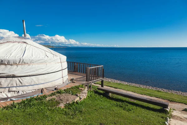 Traditional Mongolian Portable Tent Ger Wooden Platform Scenic Campsite Khovsgol — Stock Photo, Image