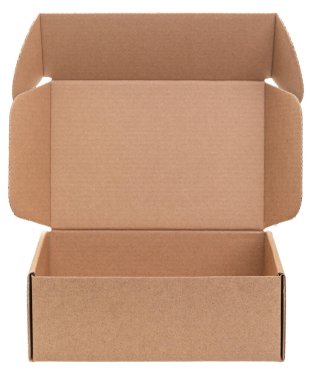Open empty foldable corrugated postal box isolated on white background