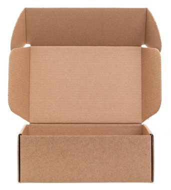 Open empty foldable corrugated postal box isolated on white background