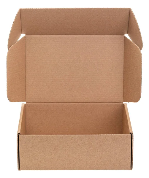 Open Empty Foldable Corrugated Postal Box Isolated White Background — Stock Fotó