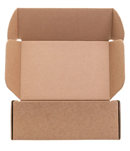 Open Empty Foldable Corrugated Postal Box Isolated White Background — Stock Fotó