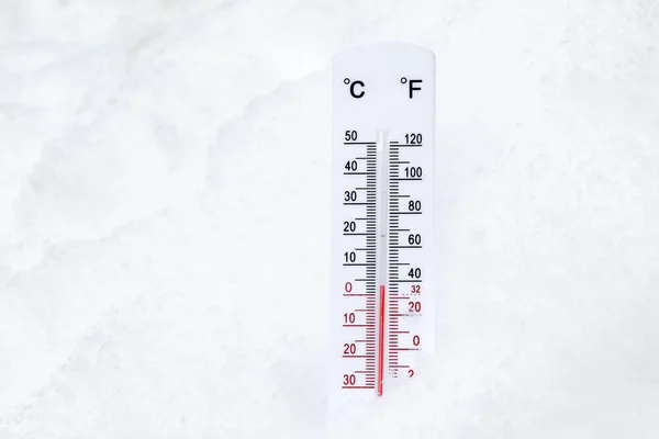 暖かい冬の温度を示す雪に置かれた摂氏温度の温度計 ロイヤリティフリーのストック写真