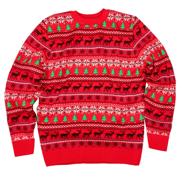 Red Knitted Christmas Crewneck Jumper Aka Ugly Sweater Isolated White Stock Image