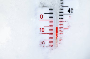 Hem Celsius hem de Fahrenheit pullarıyla termometre taze kara yerleştiriliyor. Soğuk kış sıcaklığını gösteriyor.