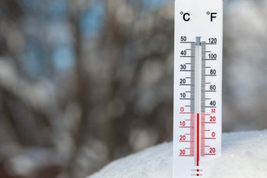 Açık hava termometresinin, karın içine yerleştirilmiş Celsius ve Farenheit ölçeği ile yakın plan görüntüsü donma noktası sıcaklığını gösterir.