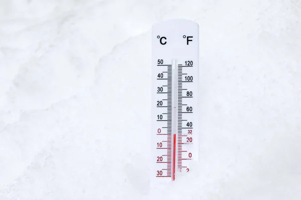 Thermometer Celsius Farenheit Scale Placed Snow Showing Low Winter Temperature Stock Image