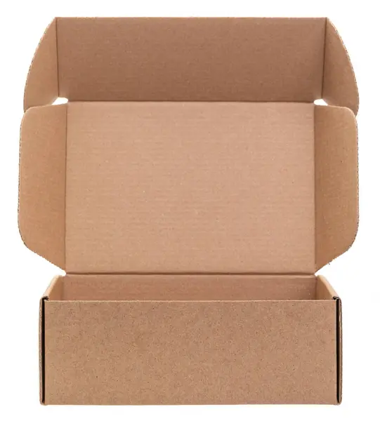 Open Empty Foldable Corrugated Postal Box Isolated White Background Лицензионные Стоковые Изображения