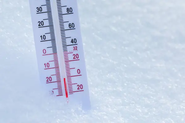 Thermomètre Avec Balances Celsius Fahrenheit Placées Dans Neige Fraîche Indiquant Photos De Stock Libres De Droits