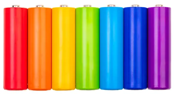 Pacote Baterias Alcalinas Coloridas Vibrantes Energéticas Mignons Mostra Espectro Tons Imagem De Stock