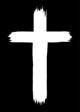 Hand drawn christian cross symbol painted with ink on black background clipart