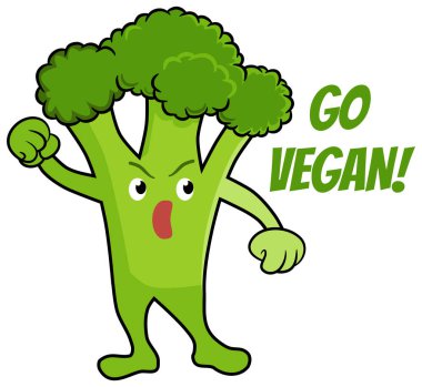 Go vegan mesajlı komik brokoli karakteri. ZIP dosyası EPS, JPEG ve PNG biçimlerini içerir.