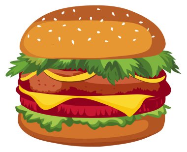 Çizgi film Burger vektör çizimi beyaza izole edildi. ZIP dosyası EPS, JPEG ve PNG biçimlerini içerir.