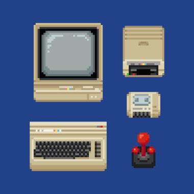 Retro bilgisayar pikseli resim simgeleri ayarlandı. Etiketler eski moda tasarım. Video oyunu 64 bit sprite. Retro bilgisayar, disket kaset, joystick izole edilmiş soyut vektör çizimi. Retro 80 'ler oyunu