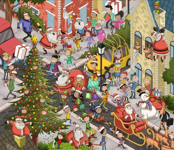 Cartoon street during christmas eve. Seek and find image with Santa claus and people on xmas.