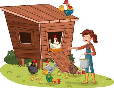 Cartoon girl feeding chickens and roosters. Henhouse with poultry. Farm worker woman.
