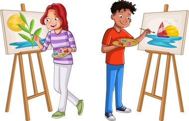Cartoon teens painting on canvas. Teenagers painting nature images.