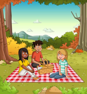 Cartoon teenagers having a picnic in the park with grass and trees. Friends in nature landscape. 