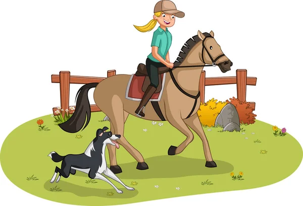 Cartoon Girl Riding Horse Farm Background — Stockvector