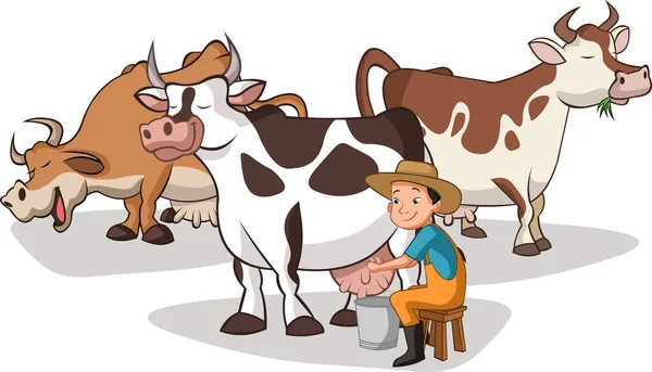 Cartoon Farmer Milking Cow Farm Worker —  Vetores de Stock