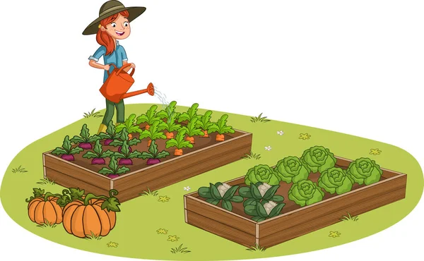 Cartoon Farmers Watering Vegetable Garden Farm Workers —  Vetores de Stock