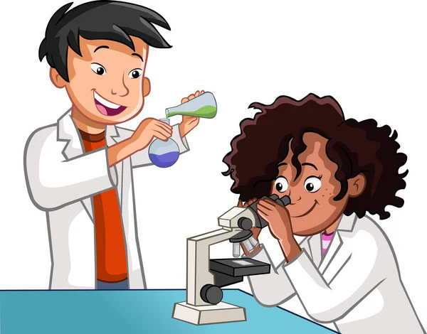 Cartoon Students Doing Research Chemical Fluid Microscope Laboratory Chemistry Classroom — Image vectorielle