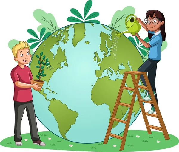 Cartoon Teenagers Saving Earth Planet Teens Protecting World — Image vectorielle
