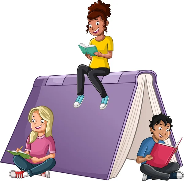 Cartoon Teenagers Reading Books Students Reading Big Book — Image vectorielle