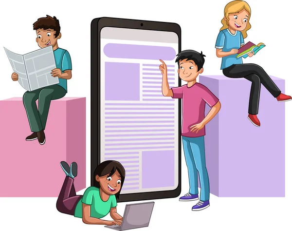 Cartoon Teenagers Reading Newspaper Magazine Computer Smart Phone Students Reading — Stock Vector