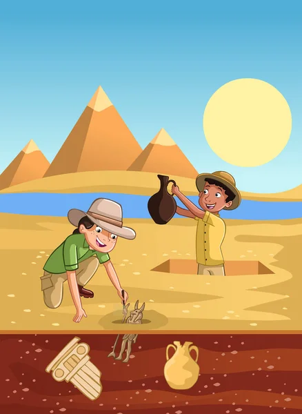 Cartoon Paleontology Kids Working Excavation Children Digging Artifact Egypt — Stockový vektor